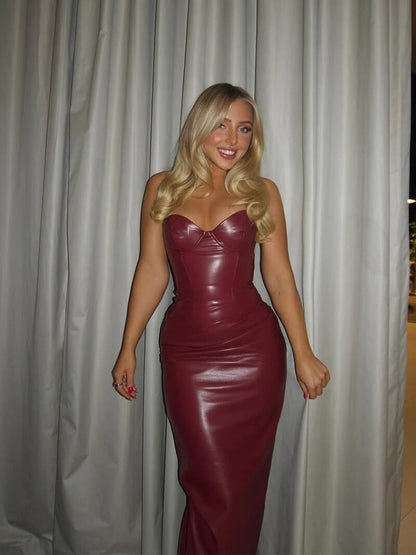 Women's Strapless Leather Look Midi Dress Bodycon Evening Dress