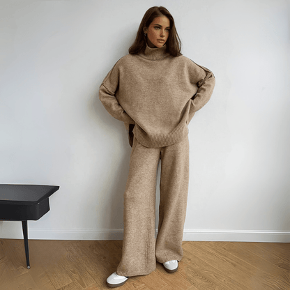 Warm Oversized Knitted Ladies Loungewear Set with Turtleneck and Wide Trousers