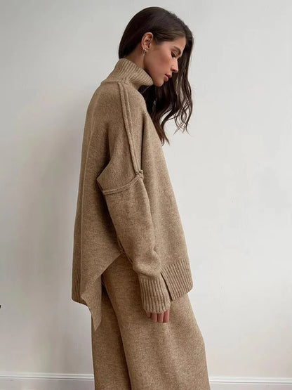 Warm Oversized Knitted Ladies Loungewear Set with Turtleneck and Wide Trousers