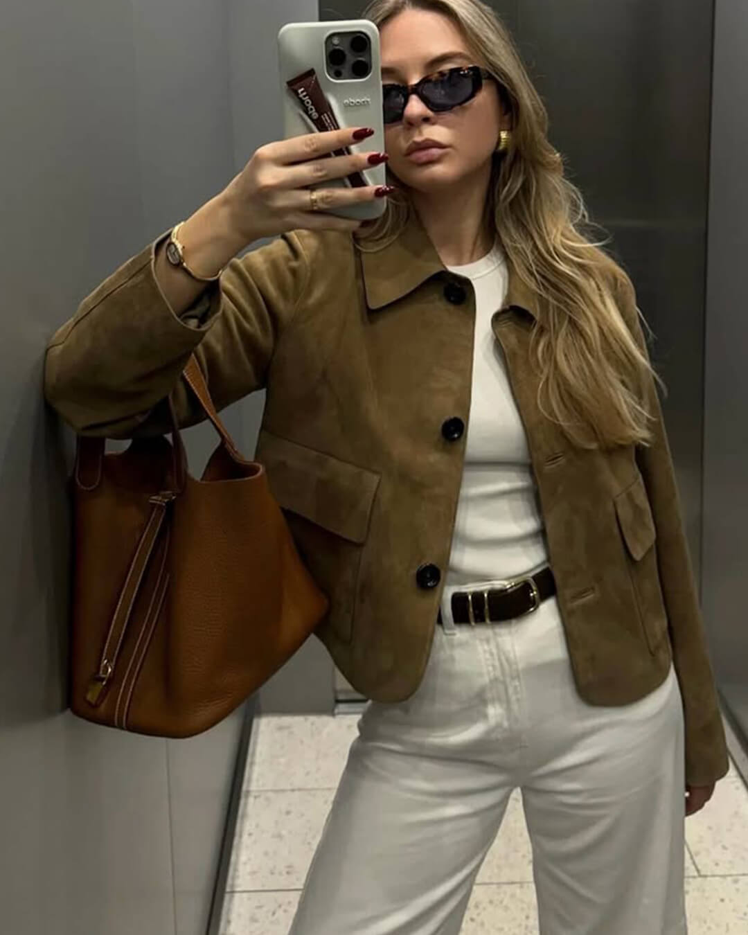 Brown Ladies Leather Look Short Jacket with Button Closure and Pockets