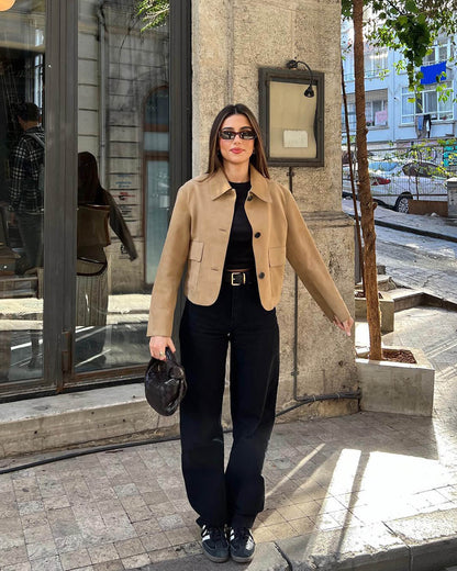 Brown Ladies Leather Look Short Jacket with Button Closure and Pockets