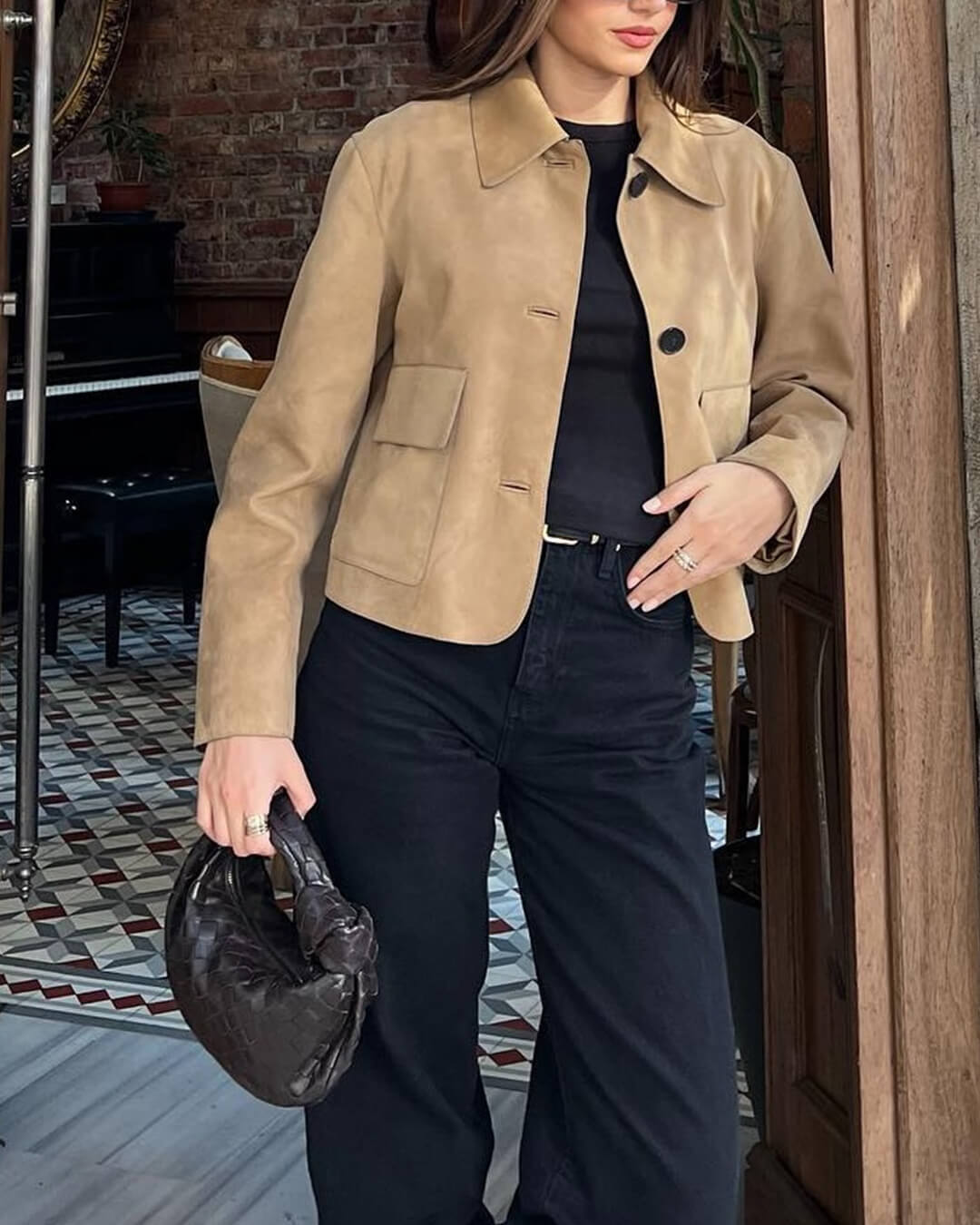 Brown Ladies Leather Look Short Jacket with Button Closure and Pockets