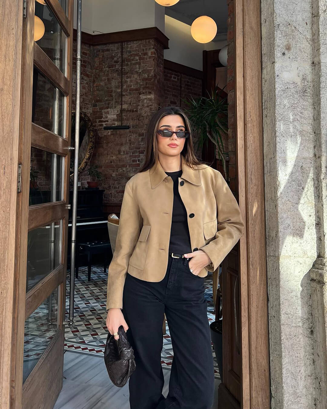 Brown Ladies Leather Look Short Jacket with Button Closure and Pockets