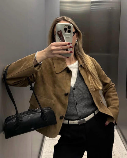 Brown Ladies Leather Look Short Jacket with Button Closure and Pockets