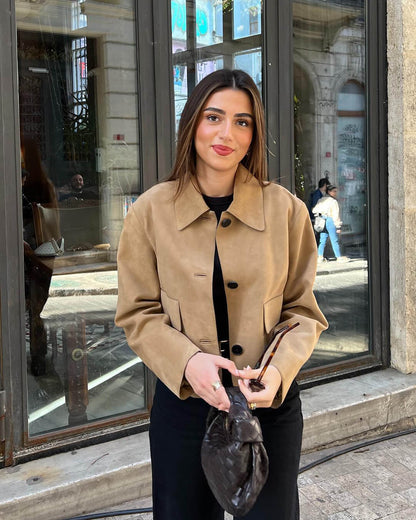 Brown Ladies Leather Look Short Jacket with Button Closure and Pockets