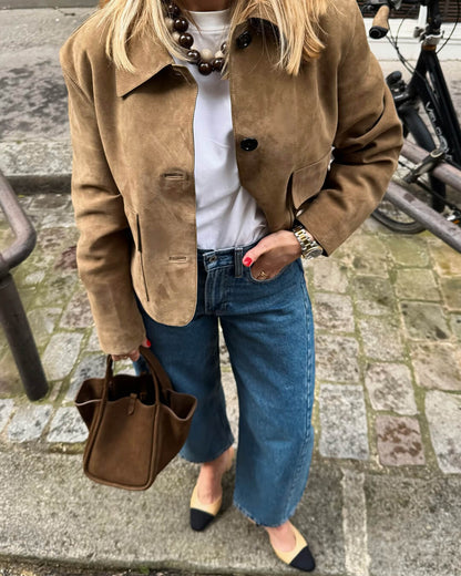 Brown Ladies Leather Look Short Jacket with Button Closure and Pockets