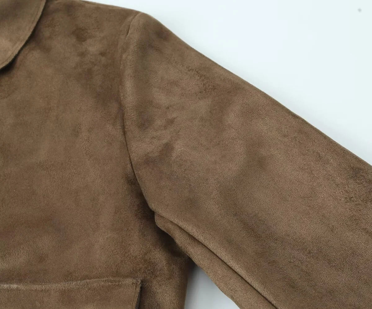 Brown Ladies Leather Look Short Jacket with Button Closure and Pockets