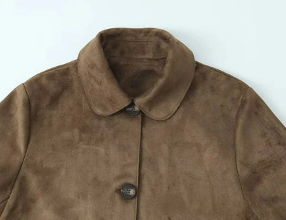 Brown Ladies Leather Look Short Jacket with Button Closure and Pockets