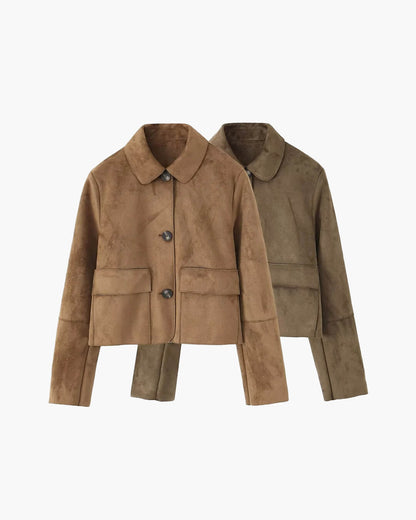 Brown Ladies Leather Look Short Jacket with Button Closure and Pockets