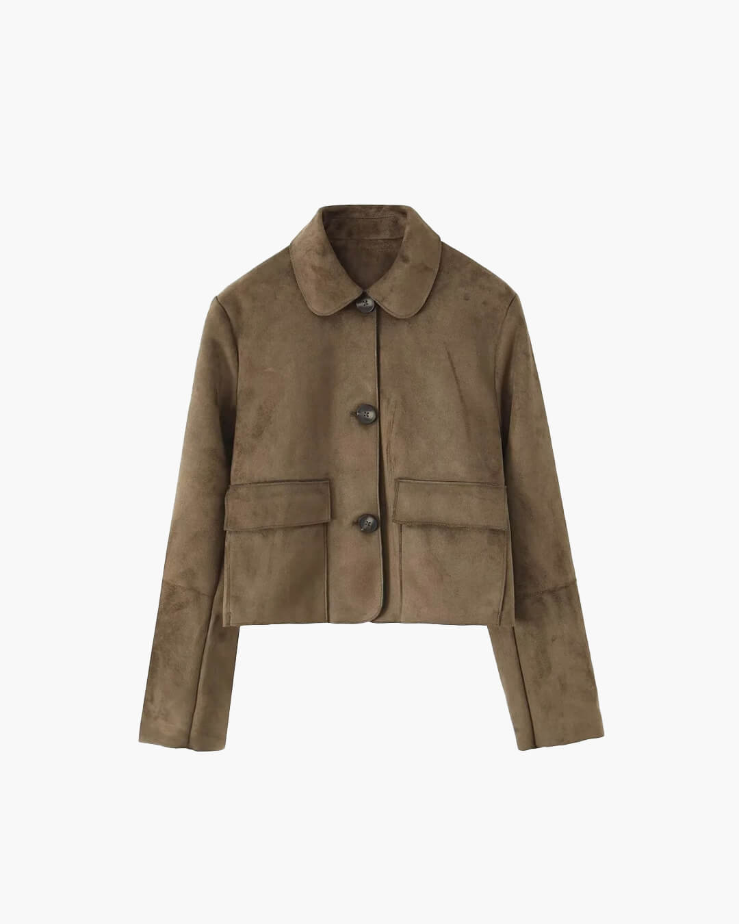 Brown Ladies Leather Look Short Jacket with Button Closure and Pockets