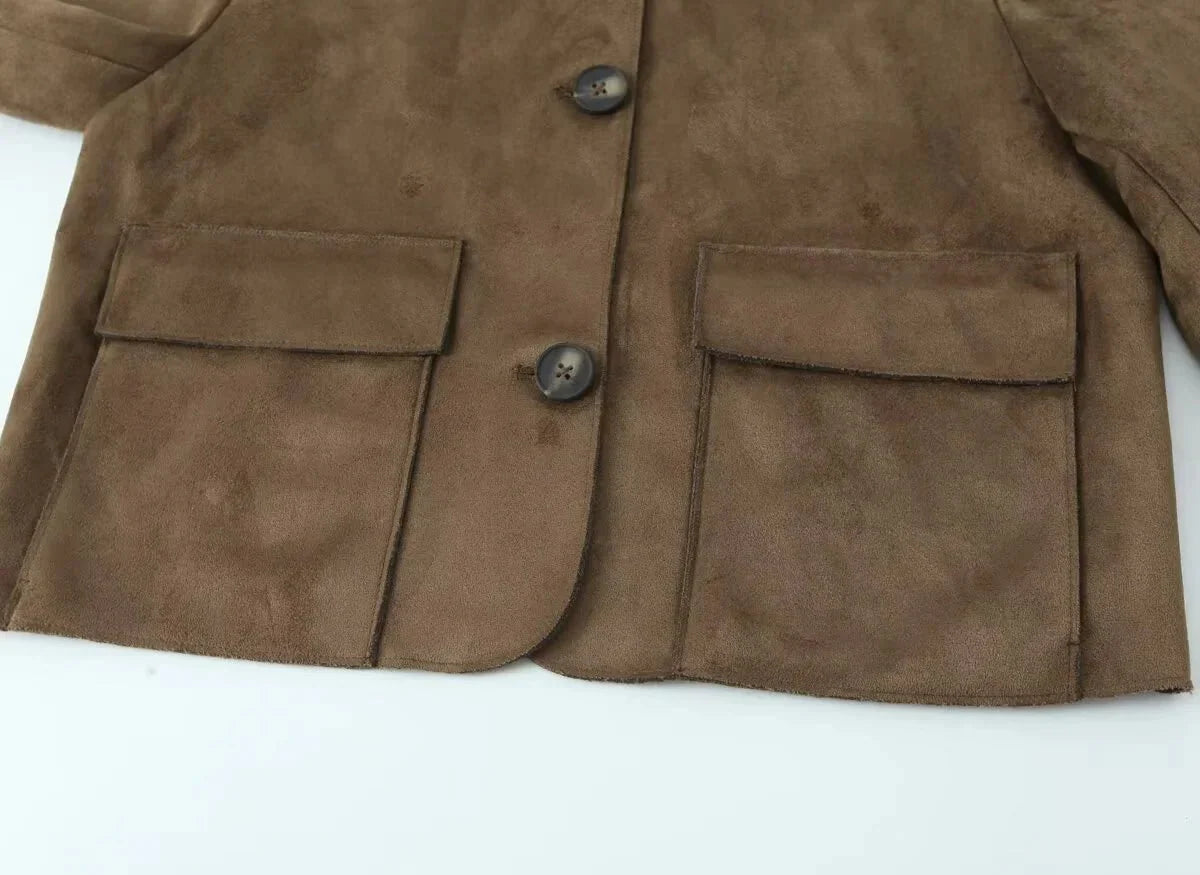Brown Ladies Leather Look Short Jacket with Button Closure and Pockets