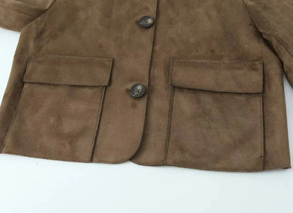 Brown Ladies Leather Look Short Jacket with Button Closure and Pockets