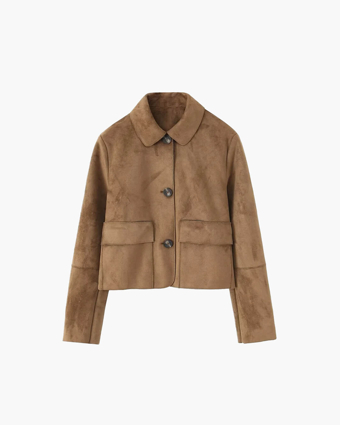 Brown Ladies Leather Look Short Jacket with Button Closure and Pockets