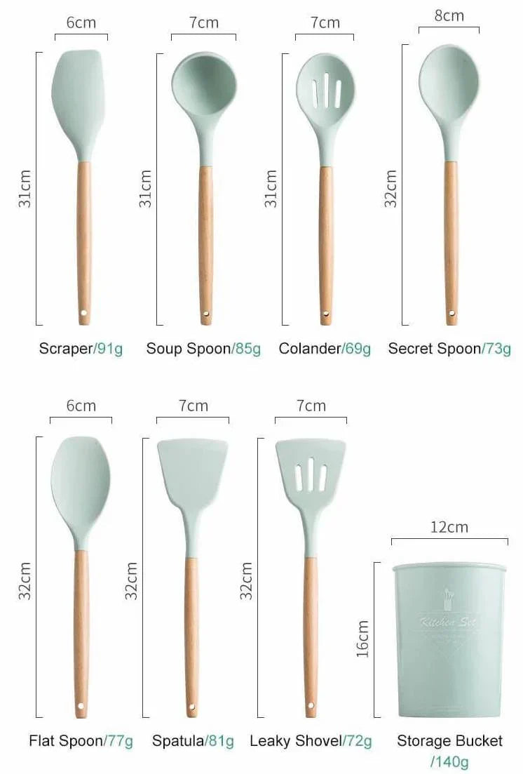 Non-Toxic Silicone Cooking Utensil Set - BPA-Free - Wooden Handles
