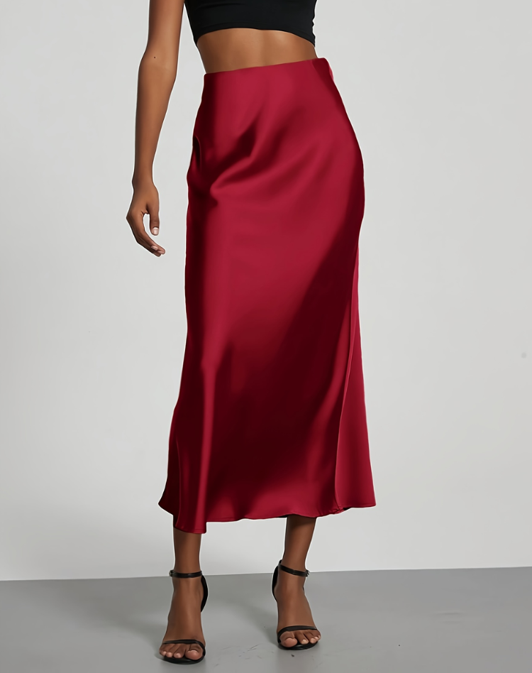 Elegant Satin Look Midi Skirt With High Waist and Fluid Fall