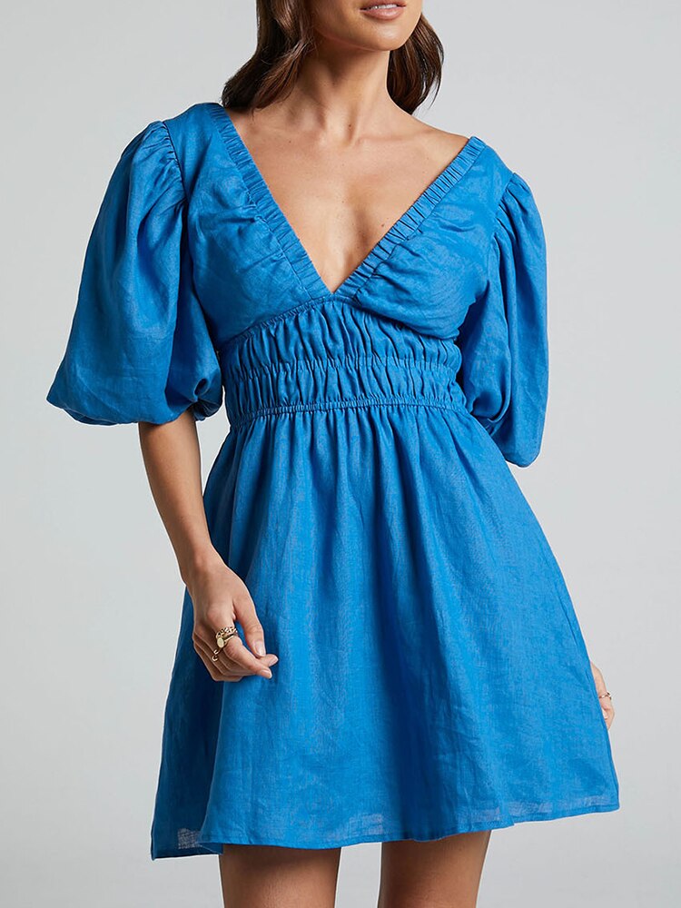 Sophie | Robe bleue à manches bouffantes