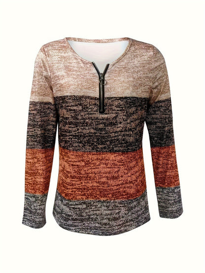 Sophie | T-shirt à manches longues coloré avec demi-fermeture éclair et blocs de couleurs