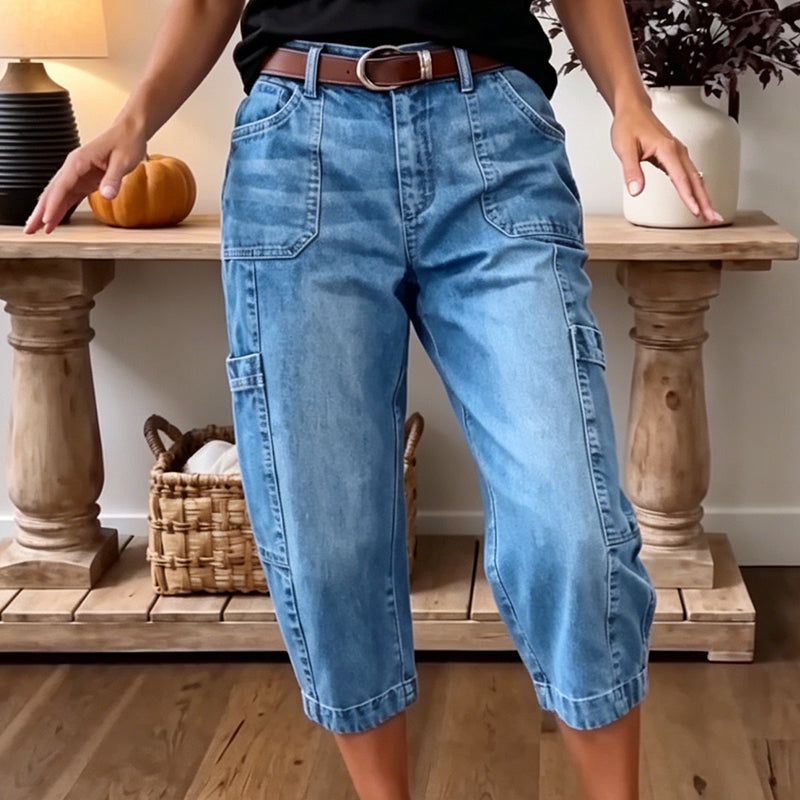 Ladies' Casual Cargo Trousers with Flap Pockets and Wide Legs