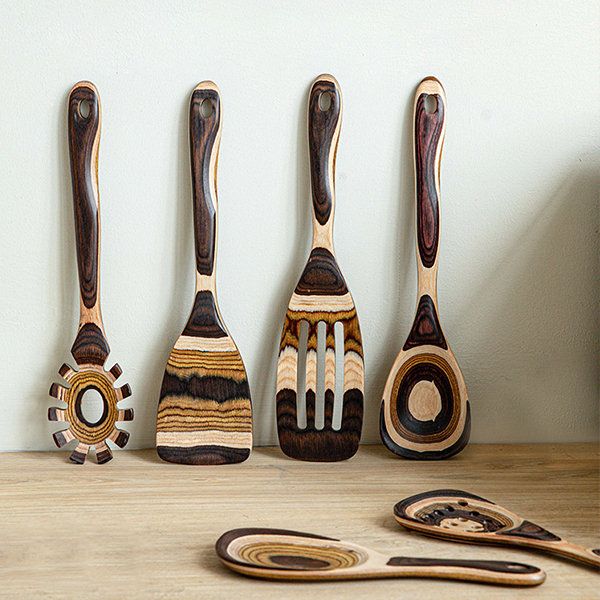 Striped Wooden Kitchen Utensil Set - Natural Latte Creation - Sustainable and Stylish