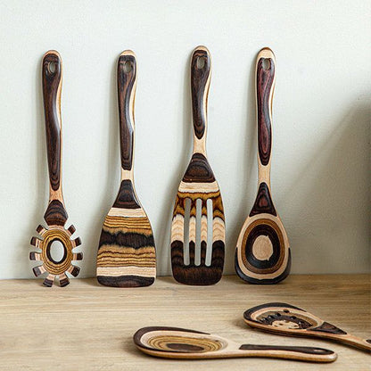Striped Wooden Kitchen Utensil Set - Natural Latte Creation - Sustainable and Stylish