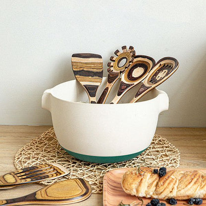 Striped Wooden Kitchen Utensil Set - Natural Latte Creation - Sustainable and Stylish