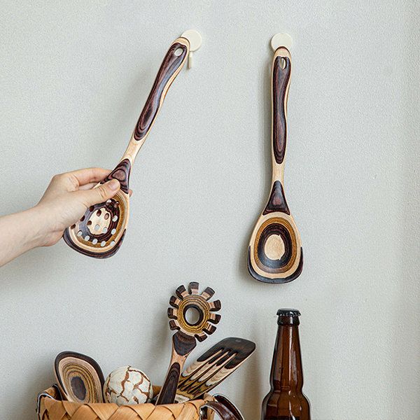Striped Wooden Kitchen Utensil Set - Natural Latte Creation - Sustainable and Stylish