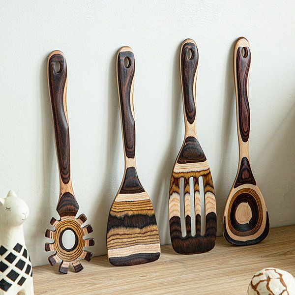 Striped Wooden Kitchen Utensil Set - Natural Latte Creation - Sustainable and Stylish