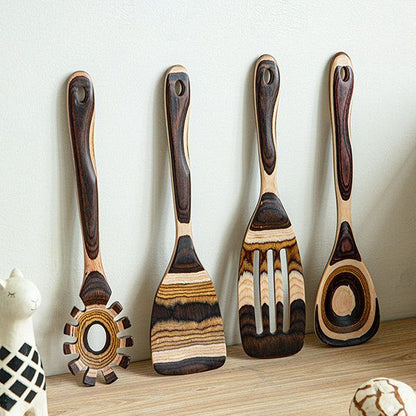 Striped Wooden Kitchen Utensil Set - Natural Latte Creation - Sustainable and Stylish