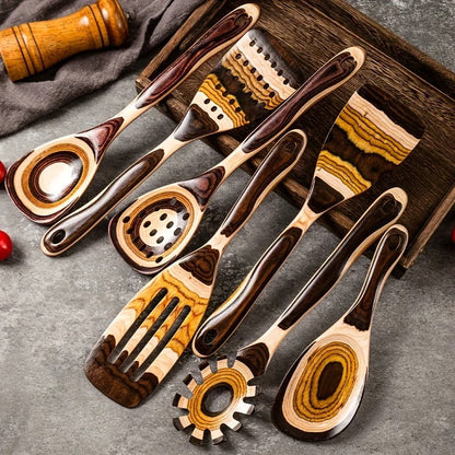 Striped Wooden Kitchen Utensil Set - Natural Latte Creation - Sustainable and Stylish