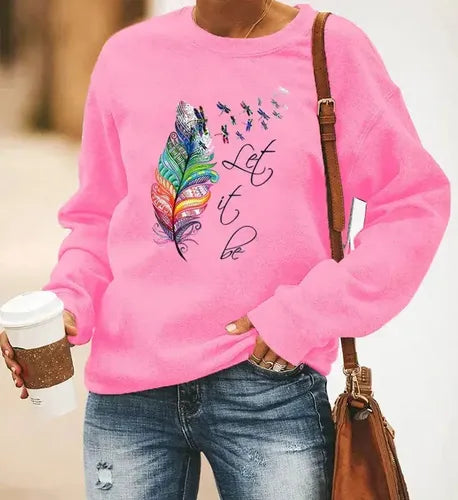 Ladies' Cheerful Sweater with Feather Print and Round Neck
