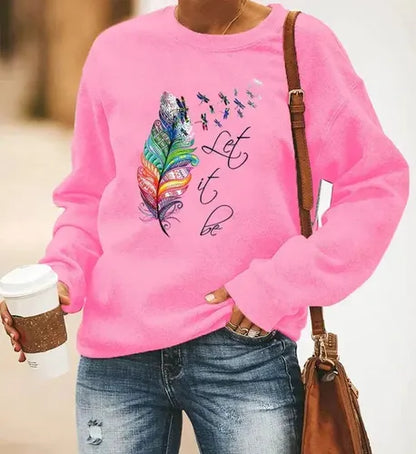 Ladies' Cheerful Sweater with Feather Print and Round Neck