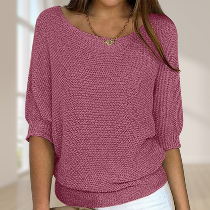Knitted Jumper for Women with Round Neck and Three-Quarter Sleeves