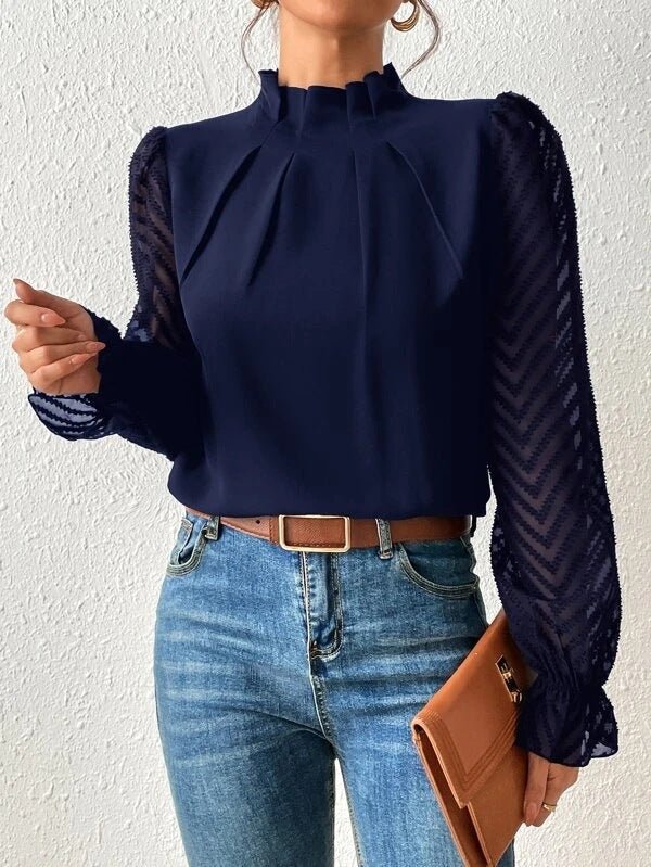 Elegant Blouse with High Neck and Sheer Sleeves for Women