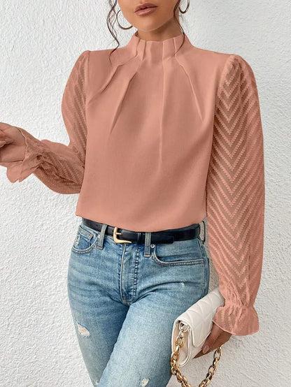 Elegant Blouse with High Neck and Sheer Sleeves for Women