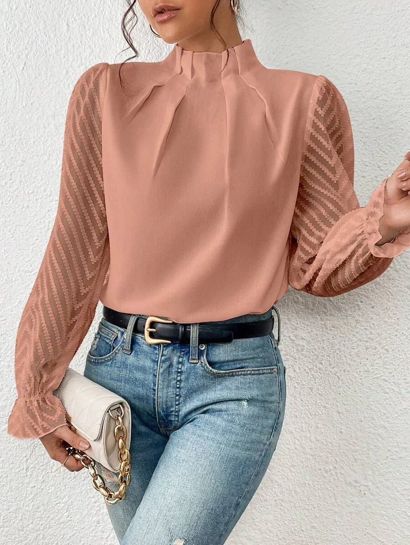 Elegant Blouse with High Neck and Sheer Sleeves for Women