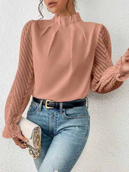 Elegant Blouse with High Neck and Sheer Sleeves for Women