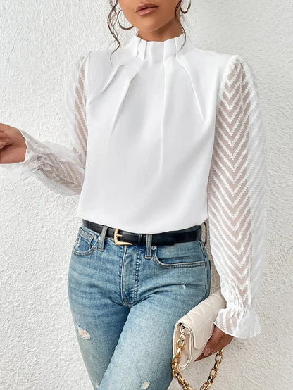 Elegant Blouse with High Neck and Sheer Sleeves for Women