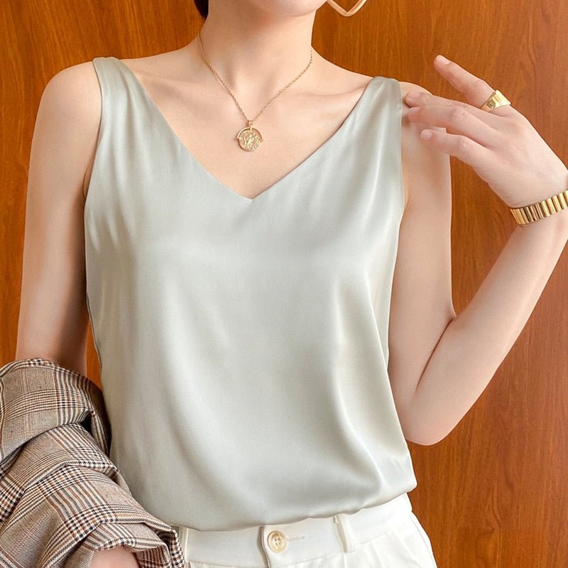 Satin Look Tank Top with V-Neck and Loose Fit