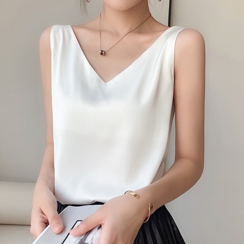 Satin Look Tank Top with V-Neck and Loose Fit