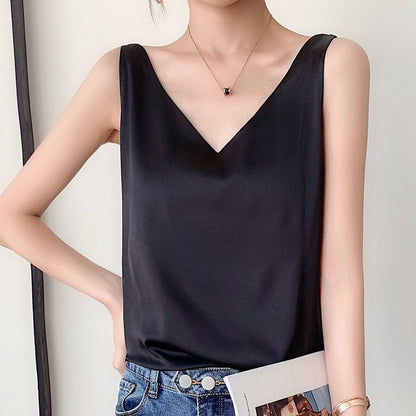 Satin Look Tank Top with V-Neck and Loose Fit