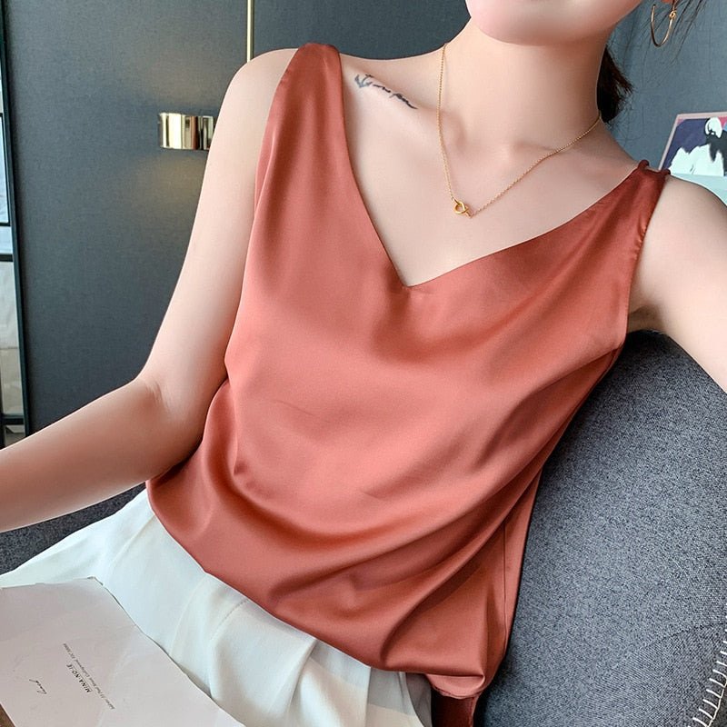 Satin Look Tank Top with V-Neck and Loose Fit