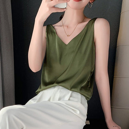 Satin Look Tank Top with V-Neck and Loose Fit