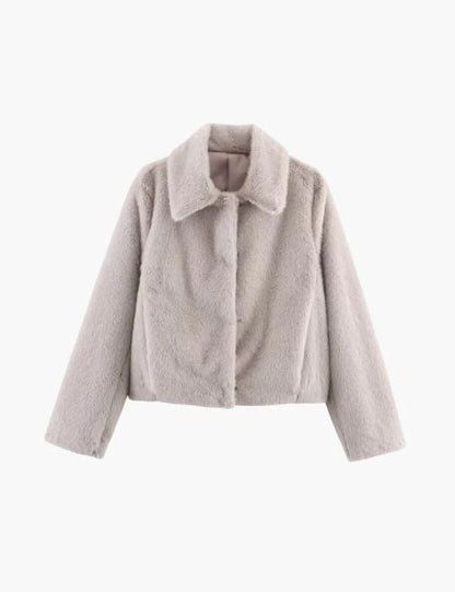 Short Faux Fur Winter Jacket with Collar and Buttons for Women