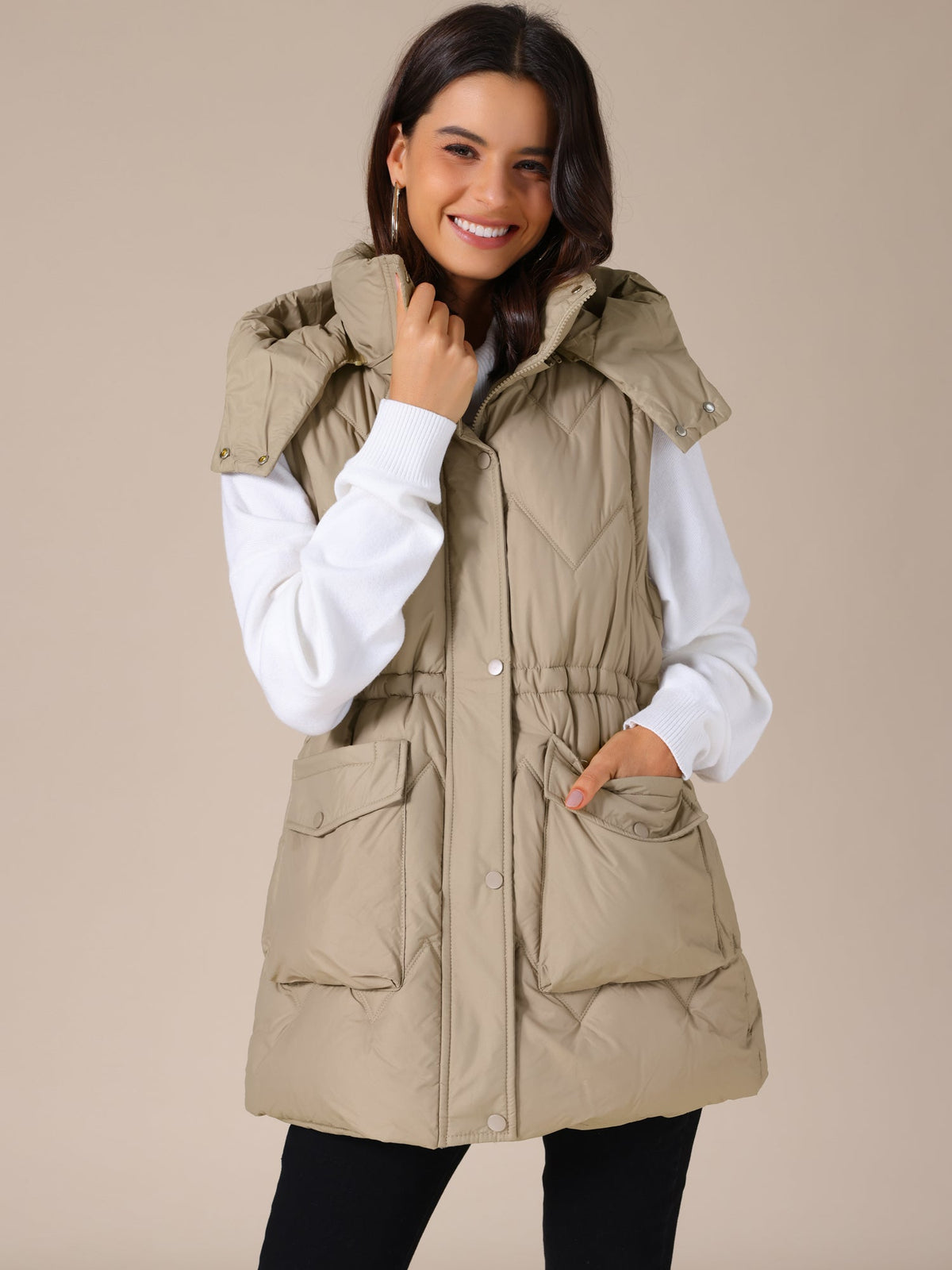 Quilted Long Gilet with Hood for Women