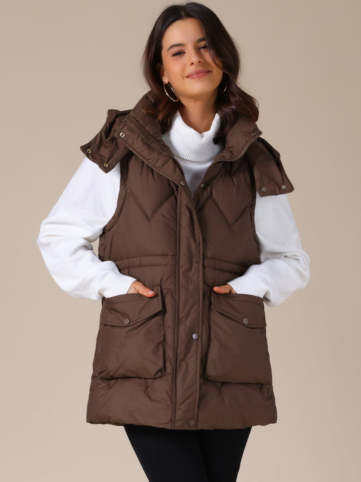 Quilted Long Gilet with Hood for Women
