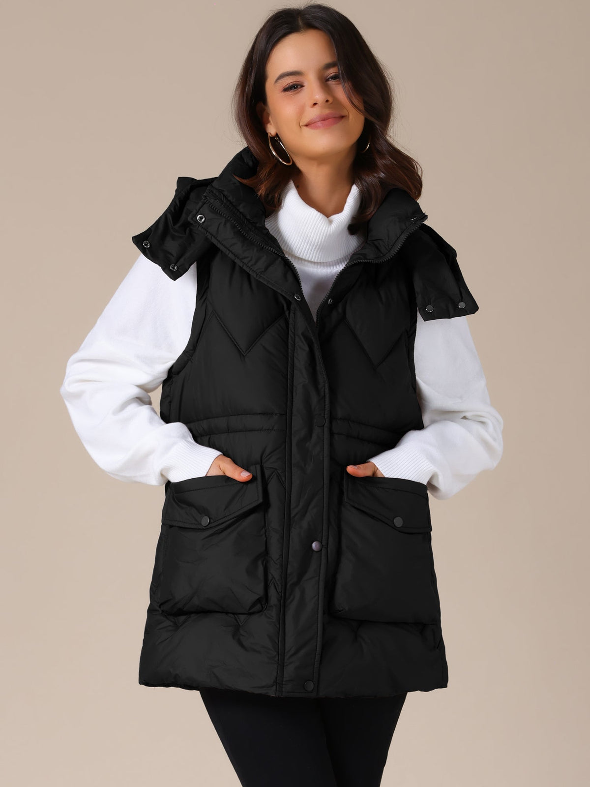 Quilted Long Gilet with Hood for Women