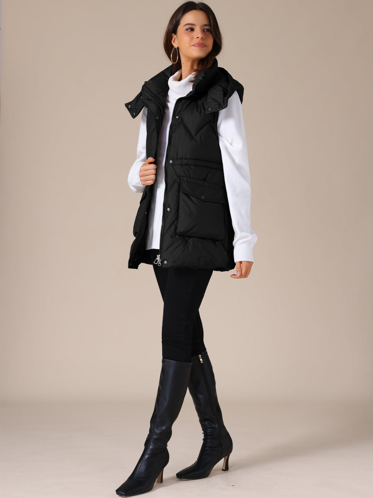 Quilted Long Gilet with Hood for Women