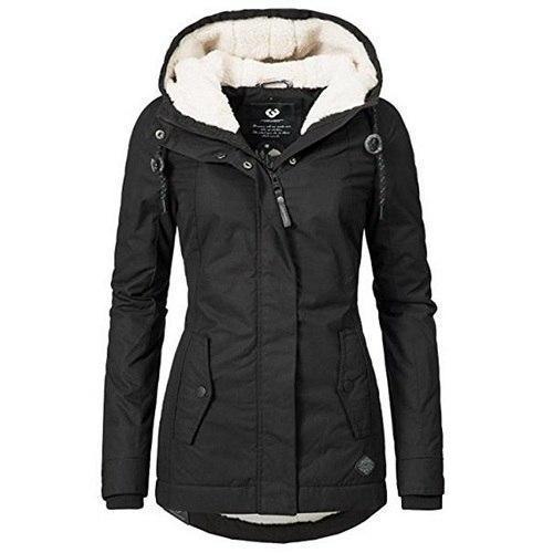 Black Warm Waterproof Winter Coat with Teddy Lining and Hood for Women