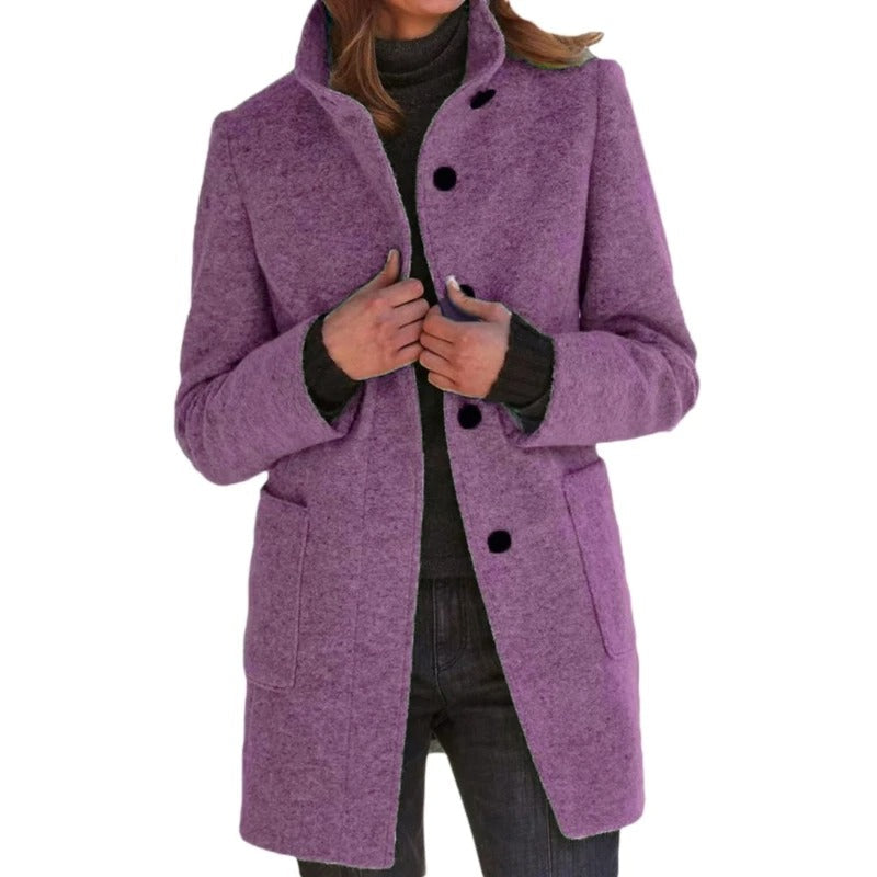 Long Women's Coat with Button Closure - Donatienne Women's Coat