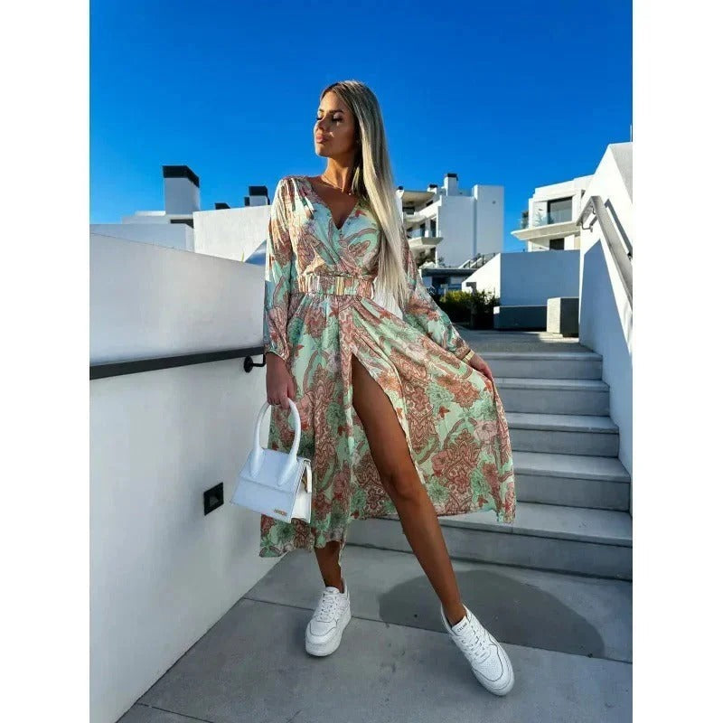 Summer V-neck and graphic print with side split - Vella